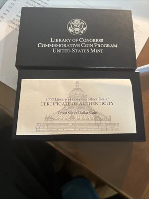 2000 Library of Congress Commemorative US Mint Proof Silver Dollar Coin Box COA - Image 1 of 4
