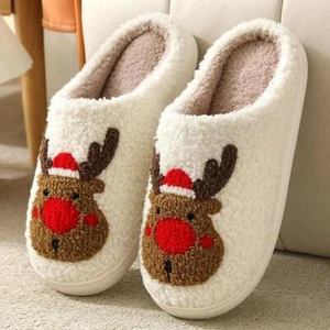 Christmas Elk Cotton Slippers for Women Men Winter Cute Cartoon Home Non Slip Co - Picture 1 of 27