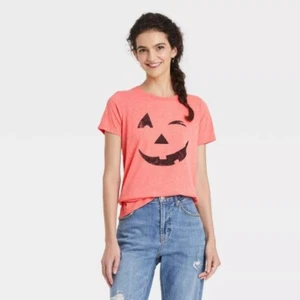 Womens Halloween Pumpkin Face Short Sleeve Graphic T-Shirt X-Large Orange - Picture 1 of 6