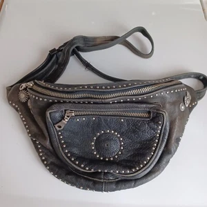 Diamond Leather Biker Belt Hip Bag Black Silver Studded Well Worn Loved Vintage - Picture 1 of 18