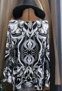  Dennis Basso Women Plus Sz 3X Black Grey White Bohemian Stretch Party Shirt. - Picture 1 of 16