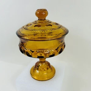 VTG Amber Glass Pedestal Candy Nut Dish With Lid Indiana Kings Crown Thumbprint - Picture 1 of 15