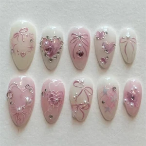 Short Almond Press-On False Nail Sweet Diamonds Heart Sparkling Manicure 24pcs - Picture 1 of 7