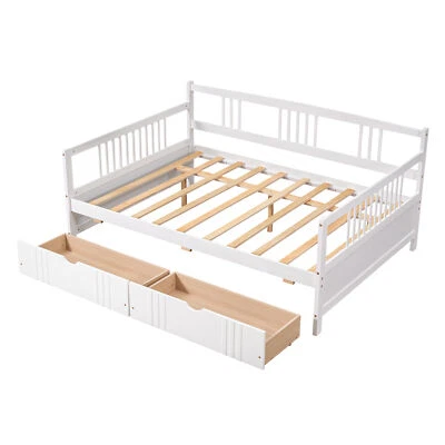 Modern Full Size Daybed Sofa Bed Frame Wood Slatted Bed With Two Drawers White - Image 1 of 4