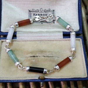 Vintage 925 Sterling Silver Bracelet, Natural Multicoloured Jade, Toggle, 7" - Picture 1 of 7