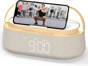 Bluetooth Wireless Charger FM Radio LED Night Light Dual Speakers Gift (Wooden) - Picture 1 of 9