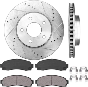 Front Drilled Slotted Brake Disc Rotors and Ceramic Brake Pads + Hardware Brake - Picture 1 of 6