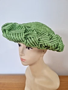 Vintage 1950's Ribbon Weave Net Mesh Wide Brim Hat, Green, Switzerland RETRO - Picture 1 of 10