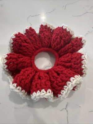 Red & White Crochet Scrunchie Holiday Hair Accessory | Large Ponytail Holder - Image 1 of 4