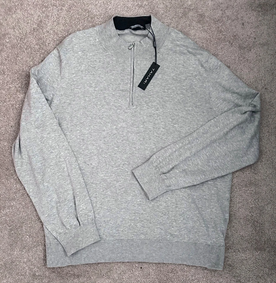 ¡NUEVO CON ETIQUETAS! Suéter Tahari Gris Claro Cremallera Cuarto Hombre, Manga Larga, XL, Orig. $68 Foto 1 de 3