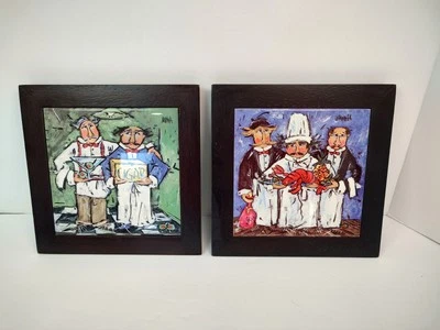 Set of 2 Kitchen Wall Plaques by Joanna 8”x8” Tile Framed Chefs Waiters Trivet - Image 1 of 4