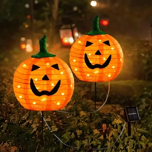 Solar Halloween Pumpkin LED Lights, Set of 2 Big Pumpkin Stake Lights 2 Modes fo - Picture 1 of 12