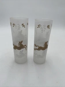 Vintage MCM Libbey Frosted Cavalcade Gold White Horses Tom Collins Glasses Set 2 - Picture 1 of 13