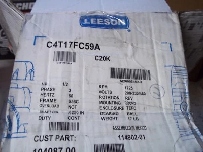 LEESON 1725 RPM 1/2 HP 3-Phase 60 Hz S56c FR TEFC General Purpose Motor... - Image 1 of 4