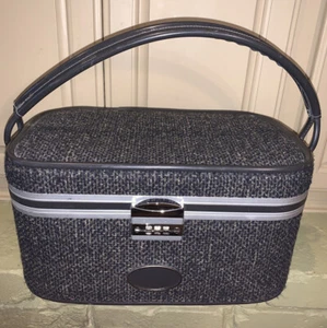 VINTAGE BLUE / GRAY TWEED SKYWAY COSMETIC LUGGAGE SUITCASE TRAIN CASE - Picture 1 of 12