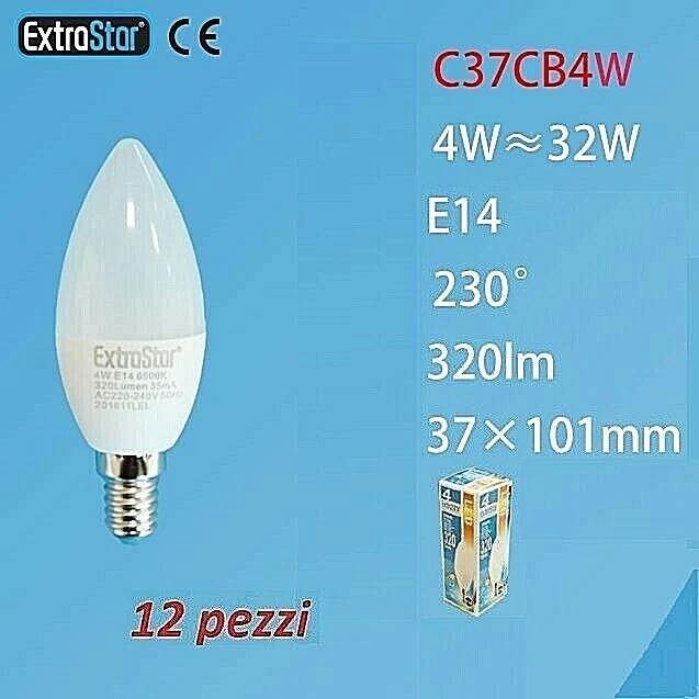Set 12 Pezzi Lampadine Lampade Extrastar G37CB4W Led E14 4W 320lm Luce Calda Sus - Immagine 1 di 1