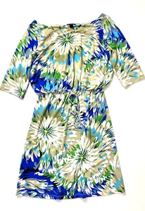 Dress Size M Women's 3/4 Sleeve Floral Blue Print Forever 21 Gathered Waist - Picture 1 of 8