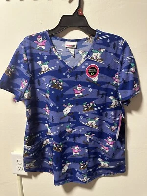 WOMEN'S SCRUBSTAR SKIING POLAR BEARS SEASONAL MEDICAL SCRUB TOP NWT - Image 1 of 2