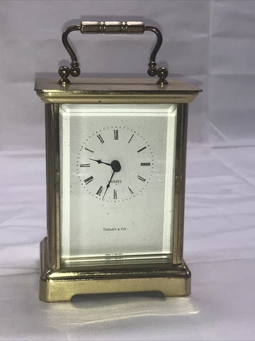 Tiffany & Co. 5" Brass Carriage Clock Made In Germany, L.M.G, Quartz AA Battery Cover