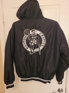 UNK Boston Celtics Jacket Mens Medium Bomber Jacket NBA Snap Zip Up Hooded Black - Picture 1 of 15