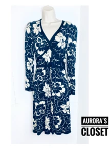 Tracy Reese M Blue Floral Dress Long Sleeve V Neck Knee Keyhole Back NWT $245 - Picture 1 of 4