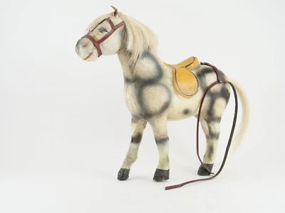 Cheval carton bouilli peint harnachement cuir jouet ancien fin 19ème 38 cm haut - Photo 1/4