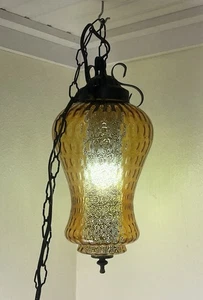Lampada a sospensione vintage MCM retrò modello nido d'ape ambra Dbl vetro artistico swag 16" - Foto 1 di 4