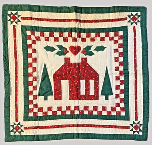 Christmas Country LL BEAN 1980s Quilted Cabin Lodge Wall Quilt Table Cover 32x30 - Picture 1 of 10