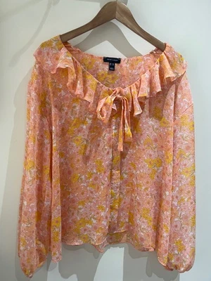New Look Top Size 18 Floral Sheer Long Sleeve Ruffle Blouse Summer Holiday Boho - Image 1 of 4