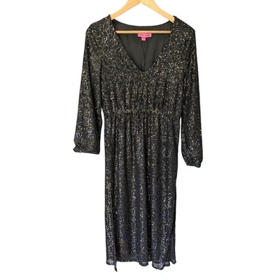 NWOT Betsey Johnson Womens Midi Dress Black Sequin V Neck Long Sleeve Party M - Image 1 of 4