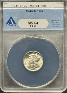 1944 S Mercury Dime ANACS MS-64 FSB - Picture 1 of 2