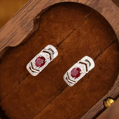 18K Gold Natural Ruby and Diamond Hoop Earrings - Image 1 of 4