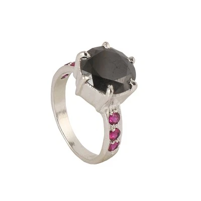 2.6 Ct Round Cut Black Moissanite & Pink Ruby Solitaire Ring in 925 Silver - Image 1 of 4
