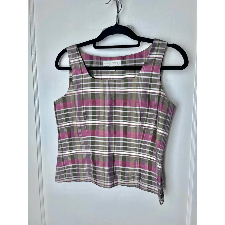 Camiseta sin mangas vintage informal de seda a cuadros Y2K años 90 rosa talla 4 Academia Preppy Foto 1 de 4