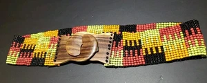 Beaded Stretch Belt  With Rustic Wooden Clasp Orange,lime,black, Seed Beads - Picture 1 of 6