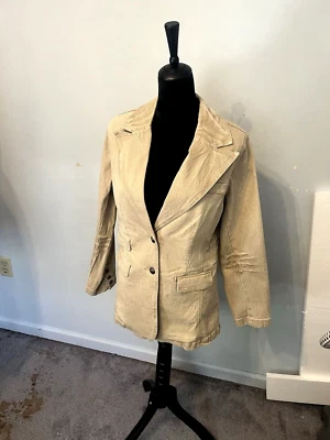 Women's DG2 Diane Gilman Tan Denim Unlined Jacket Blazer Long Sleeve 2 Button M - Image 1 of 4