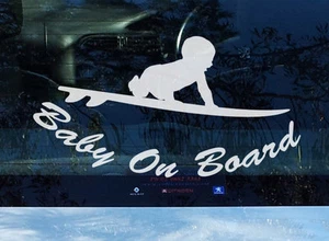 Surfboard Surfer Baby on Board Safety Sign Sticker Car Window Bumper Decal - Picture 1 of 2