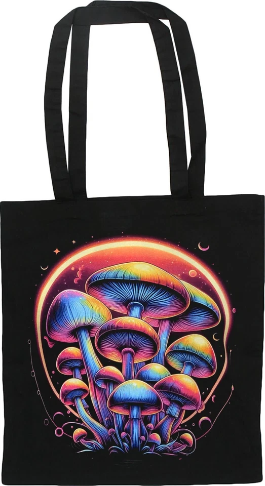 Psychedelische Zauberpilze schwarze Baumwolle Tragetasche Trippy Art Pilze Rave Hippie - Bild 1 von 1