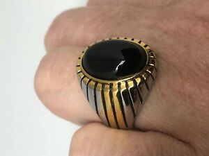 Vintage Black Onyx Mens Ring Stone Golden Stainless Steel Size 11