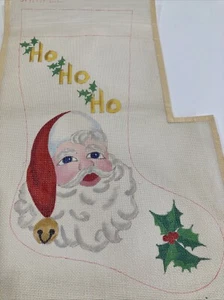 Vintage Needlepoint Christmas Stocking Canvas Santa Face “Ho Ho Ho” Holly 14 Ct - Picture 1 of 10