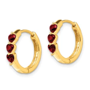 14K Yellow Gold Created Red Ruby Hinged Hoop Heart Love Earrings - Picture 1 of 7