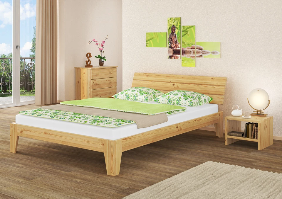 Futonbett Kiefer-Bettgestell massiv 140x220 Überlänge Doppelbett Zubehör wählbar - Bild 1 von 1