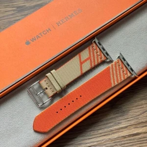 HERMES Apple Watch 46/45/44mm Orange/Beige Nylon Band Twill Jump with Box - Zdjęcie 1 z 8