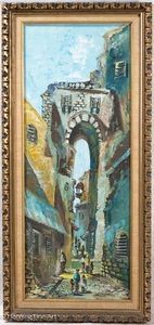 Hermosa pintura al óleo impresionista de mediados de siglo de escena callejera estrecha, firmada - Imagen 1 de 9