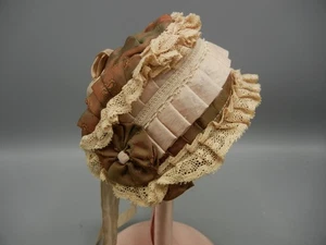 Vintage Doll HAT Large Bonnet Multi Ribbon Pleated Fabric Lace Trims - Picture 1 of 8