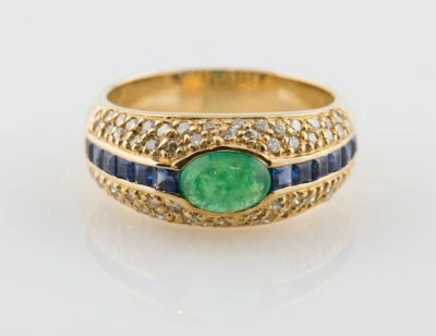 Ring Saphir, Smaragd 585/000 14 K Gelbgold 58 Brillanten zus. 0,58 ct - Bild 1 von 3