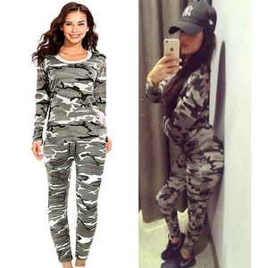 Womens Camouflage Army Print Jogging Ladies Lounge Wear 2 Pieces Tracksuit Plus - Picture 1 of 8