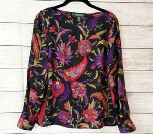 LAUREN Ralph Lauren Blouse Shirt Sz M Petite Black Floral Scarf Print Office - Picture 1 of 9