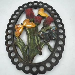 "Pintura original trivet flor mariposa hierro fundido de colección 9""x7""" - Imagen 1 de 9