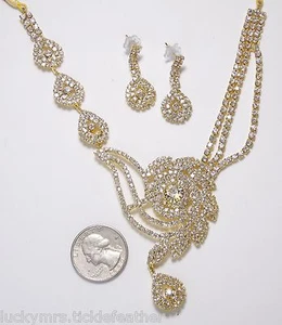 Stunning Statement Necklace/Pierced Earrings Set Ornate RS Design,Gold Silk Cord - Picture 1 of 3